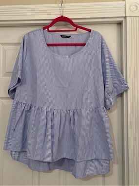 Striped Blue Peplum Short-Sleeve Top - Women
